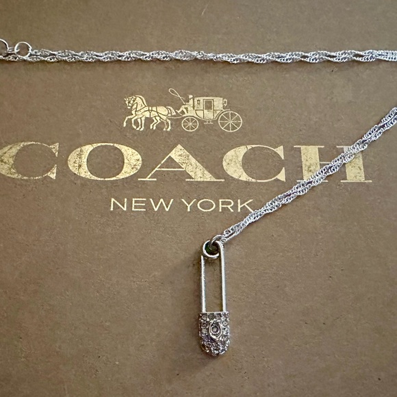 Coach Pave Crystal Signature C Safety Pin Pendant .925 Sterling Silver Necklace - Picture 7 of 8